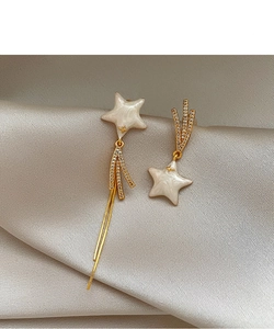 Detailed close-up of asymmetric star tassel earrings with gold plating and zircon inlay