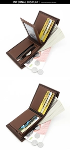 Detailed view of dark brown men's tri-fold wallet with card slots and a zipper pocket