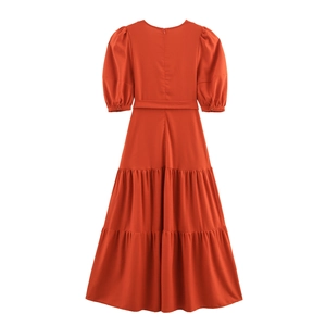 Elegant brick red V-neck maxi dress with puff sleeves and layered skirt back view