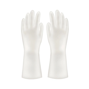 Durable white latex cleaning gloves for household kitchen use on plain white background