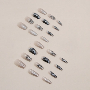 Sparkling silver glitter and black marble ballerina false nails with crystal charms