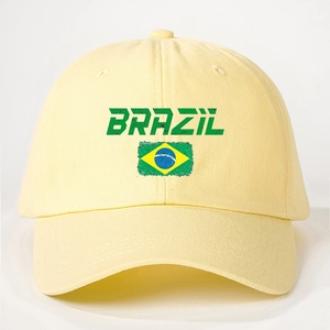 Vintage pale yellow cotton baseball cap with green Brazil text and flag embroidery