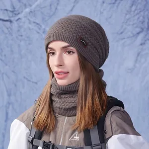 Winter thermal knit beanie hat and neck warmer set with warm fleece lining in dark grey