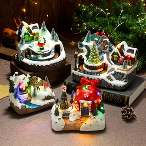 Christmas Music Box Resin Glowing Ornament Rotating Train LED Light Festive Desktop Decor Holiday Gift Santa Snowman