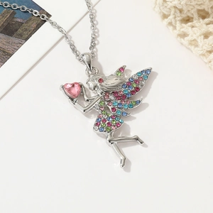 Silver fairy pendant necklace with pink heart gem and colorful wings on O-chain