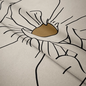 Close-up of soft beige tapestry fabric featuring minimalist black floral line art design