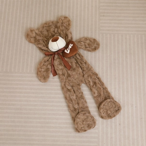 Brown plush teddy bear shell with LOVE heart embroidery and ribbon bow tie flat lay