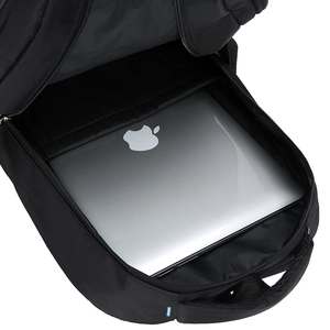 Large capacity black oxford backpack with a padded laptop compartment and protective sleeve