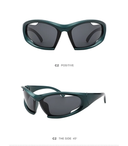 Deep green sports style wraparound sunglasses shown in front and 45-degree angle views