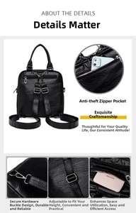 Detail of black pebbled leather backpack showing anti-theft zipper and metal hardware