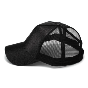 Detail of black glitter ponytail baseball cap with breathable mesh and crisscross back