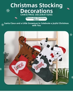 Close-up of festive cat and dog Christmas stockings hanging on a wooden ladder decoration