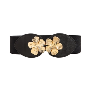 Women's black elastic waist belt with a golden peach blossom flower metal buckle
