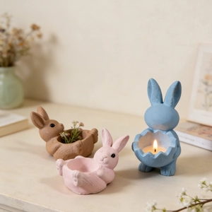 Easter rabbit candle holder and planter silicone mold set for DIY plaster resin crafts