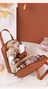 Brown PU leather shell makeup bag with multi-layer dividers and large capacity