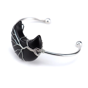 Brazalete luna árbol de la vida con alambre de plata y piedra natural negra