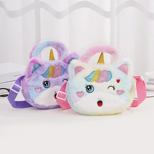 Plush unicorn crossbody bags for girls with colorful gradient fur and sequin horns