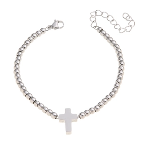 Minimalist 4mm bead cross bracelet in stainless steel with adjustable lobster clasp