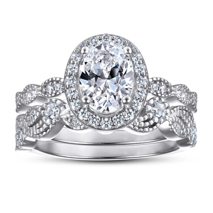 Macro detail of 925 silver oval cut moissanite engagement ring set with halo pave setting