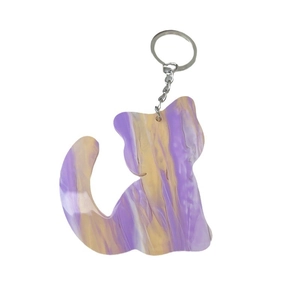 Minimalist cat shaped acrylic keychain with purple and yellow gradient marble texture