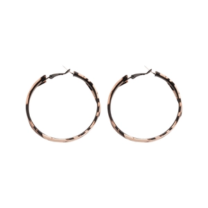 Elegant leopard print hoop earrings with black metal accents on a clean white background