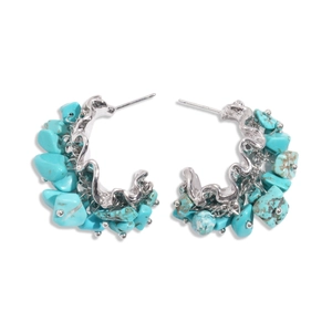 Retro bohemian C-shaped silver stud earrings with turquoise stones and geometric design