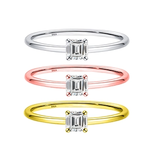 Three Asscher cut moissanite rings in silver, gold, and rose gold with S925 engraving