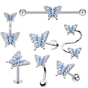 Butterfly Enamel Stainless Steel Body Piercing Industrial Barbell Navel Ring Lip Stud Brow Nail Rhinestone Trendy Hip Hop