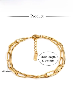 Detailed close-up of double-layer gold stainless steel chain bracelet with sizing info