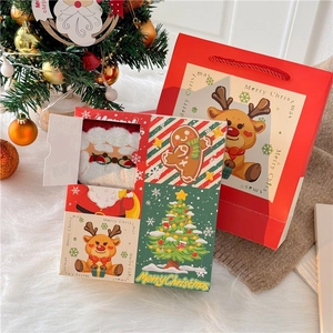 Detailed view of Christmas gift set featuring plush Santa socks and festive box