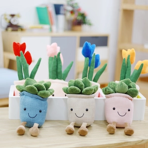 Cute plush succulent and tulip plant toys with smiling faces in colorful pots