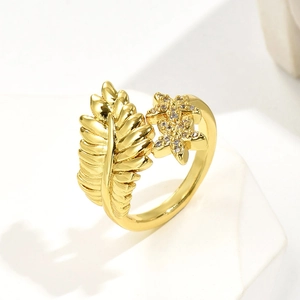 Leaf Flower Adjustable Open Ring Copper 18K Gold Plated Micro Cubic Zirconia Geometric Fashion Jewelry For Women