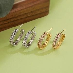 Luxury Copper C-Shaped Hoop Earrings For Women Geometric Zirconia Inlaid Gold Silver Plated Fashion Ins Style Light Luxury Jewelry Gift