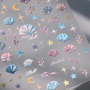 3D ocean-themed shell nail art stickers with iridescent pearl finish and star shapes