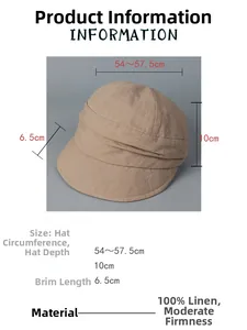 Linen sun hat size guide showing head circumference 54-57.5cm and dimensions