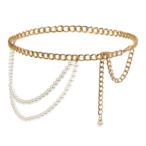 Elegant multi-layer gold chain belt with white pearls for women dresses in studio lighting