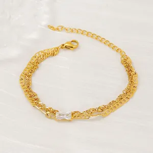Double-layer 18K gold plated stainless steel bracelet with zircon and pig nose chain