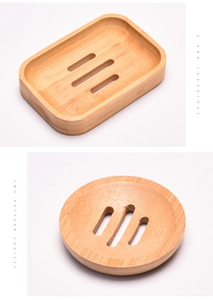 Detailed view of rectangular and circular bamboo soap dishes with drainage slots
