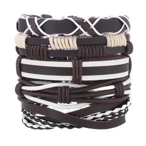 Retro multi-layer woven leather bracelet set in brown and white with hemp rope textures