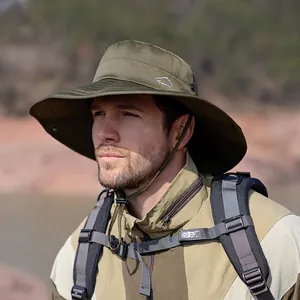 Chapeau de soleil homme vert armée à bord large avec cordelette pour pêche et randonnée