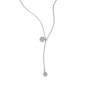 Detail of silver dual-style snake and bead chain with polished spherical pendant
