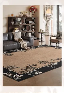 Detailed texture of Earth-toned rug with vintage floral borders in a modern living room