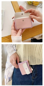 Macro detail of tricolor macaron PU leather wallet with snap closure and model showcase