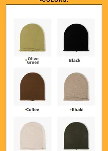 Close-up of thick knitted beanie hats in grass green black coffee and khaki colors