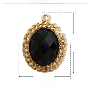 Macro view of oval natural stone pendant in gold stainless steel with precise dimensions
