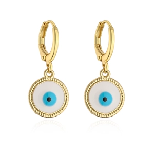 Detailed close-up of gold-plated evil eye hoop earrings with blue enamel charms