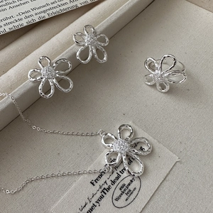 925 Sterling Silver Flower Jewelry Set For Women Zirconia Inlaid Necklace Earrings Ring Korean Minimalist Jewelry Gift