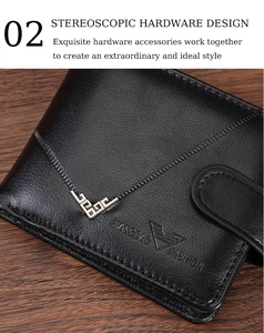 Detail of black leather bifold wallet with silver buckle and embossed logo on wood surface