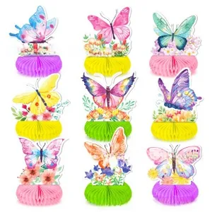 Set of 9 butterfly and flower honeycomb centerpieces with watercolor paper designs