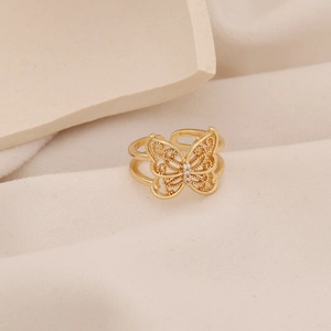 Verstellbarer goldener Schmetterlingsring mit Zirkonia und filigranem Netzdesign